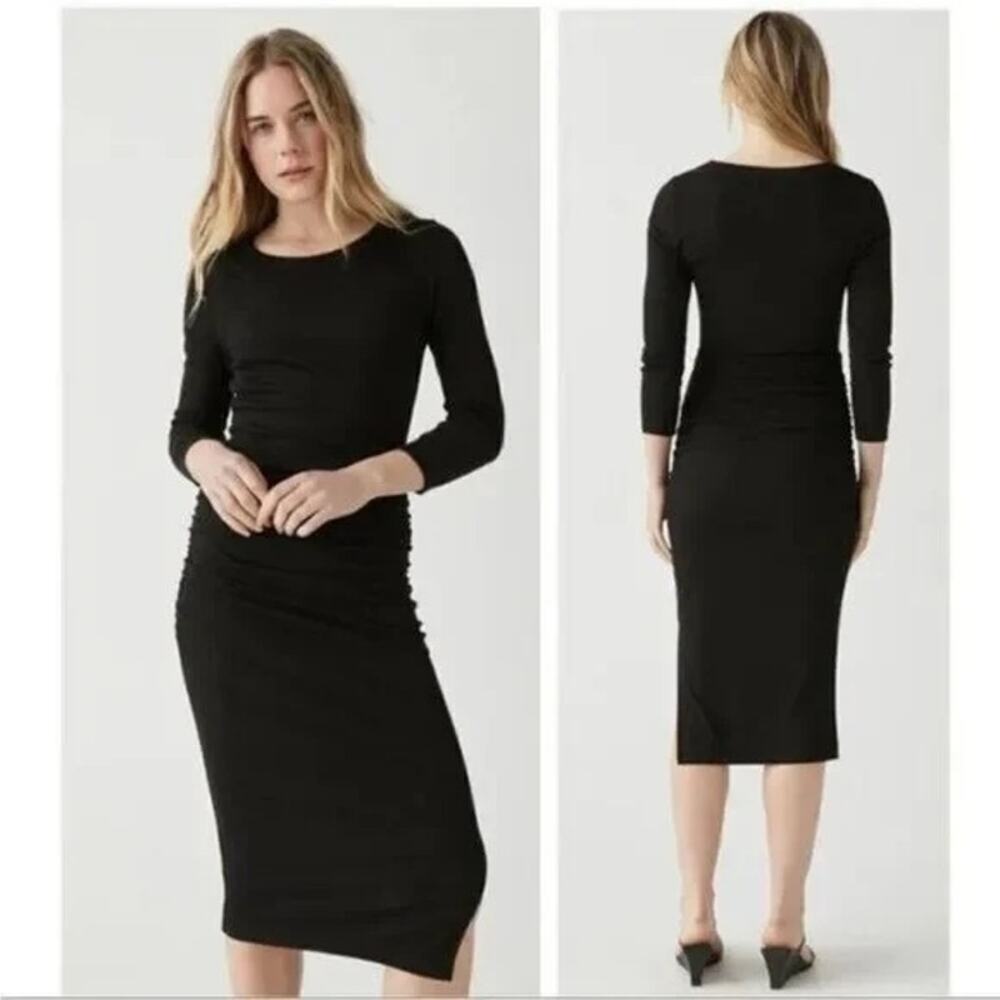 [Michael Stars] Black Ribbed Knit Midi Dress Round Neck 3/4 Sleeves Size Large L